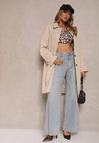 Renee - Beżowy Jednorzędowy Płaszcz Ozdobiony Kołnierzykiem Ronisya. Okazja: na co dzień. Kolor: beżowy. Materiał: jeans. Wzór: aplikacja. Styl: klasyczny, casual