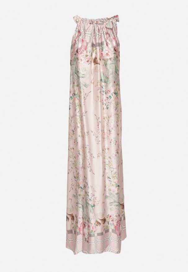 Born2be - Jasnoróżowa Satynowa Sukienka w Kwiaty z Ozdobnym Wiązaniem Fenasella. Okazja: na co dzień. Kolor: różowy. Materiał: satyna. Wzór: kwiaty. Typ sukienki: proste. Styl: wizytowy, casual, klasyczny, elegancki