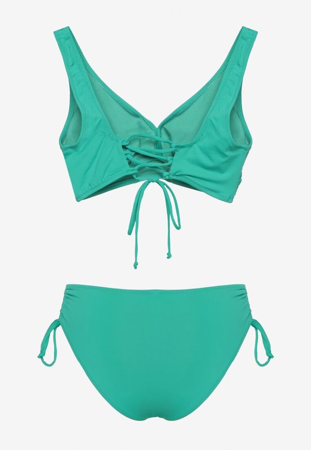 Born2be - Ciemnozielone Bikini Majtki Typu Figi i Biustonosz z Ozdobnym Wiązaniem Kinnavia. Kolor: zielony