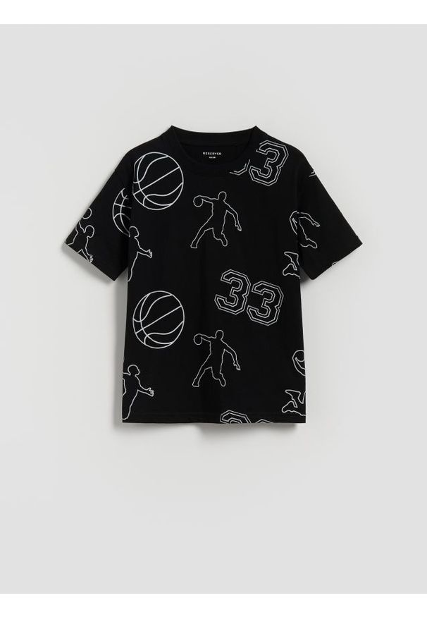 Reserved - Bawełniany t-shirt z nadrukiem - czarny. Kolor: czarny. Materiał: bawełna. Wzór: nadruk