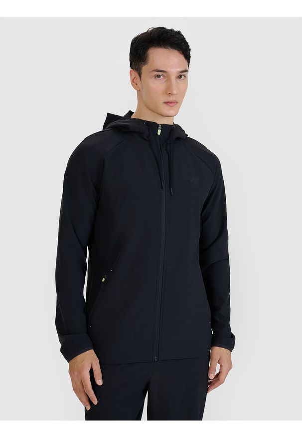 4f - 4F Bluza treningowa regular szybkoschnąca męska - czarna M. Typ kołnierza: kaptur. Kolor: czarny. Materiał: syntetyk, elastan, materiał, dzianina, włókno. Długość rękawa: raglanowy rękaw. Wzór: ze splotem, jednolity, gładki. Styl: sportowy. Sport: fitness