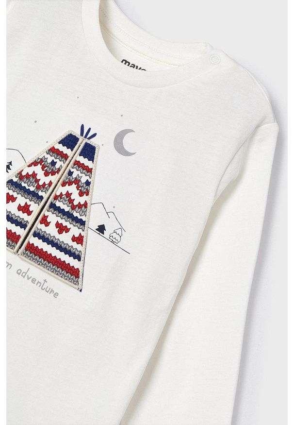 Mayoral longsleeve bawełniany dziecięcy kolor biały z nadrukiem. Okazja: na co dzień. Kolor: biały. Materiał: bawełna. Długość rękawa: długi rękaw. Wzór: nadruk. Styl: casual