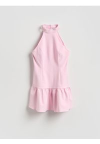 Reserved - Sukienka mini z dekoltem halter - różowy. Typ kołnierza: dekolt halter. Kolor: różowy. Materiał: tkanina, bawełna. Typ sukienki: proste. Długość: mini #1