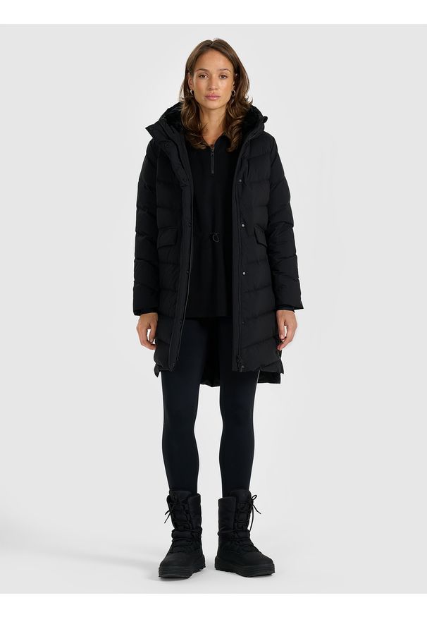 4f - 4F Płaszcz puchowy z wypełnieniem naturalnym damski - czarny S. Okazja: na co dzień. Typ kołnierza: kaptur. Kolor: czarny. Materiał: puch. Długość: do kolan. Sezon: zima. Styl: casual