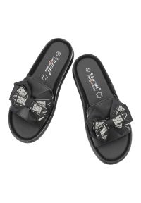 Klapki damskie S.Barski, cholewka ze skóry naturalnej licowej wsuwany fason szeroki pasek z przodu ozdobna kokarda, czarne, KV61-6061. Kolor: czarny. Materiał: skóra #7