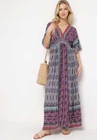 Born2be - Fioletowa Boho Sukienka z Szerokimi Rękawami z Gumką w Pasie i Wiązaniem na Plecach Piomina. Typ kołnierza: choker, dekolt w kształcie V. Kolor: fioletowy. Wzór: aplikacja. Styl: boho #1