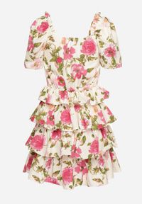 Born2be - Beżowo-Różowa Sukienka z Bufiastymi Rękawami i Falbanami Ceragia. Okazja: na wesele, na randkę, na ślub cywilny. Kolor: beżowy. Wzór: kwiaty. Styl: klasyczny, elegancki #5