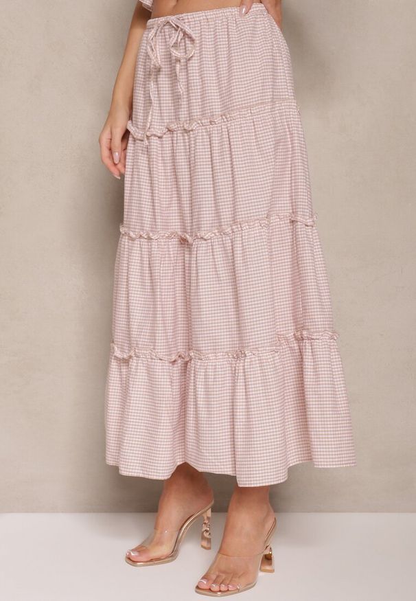 Renee - Beżowo-Różowy Komplet z Bawełny w Kratkę Vichy Top i Spódnica z Falbankami Frosirae. Kolor: beżowy. Materiał: bawełna. Wzór: kratka