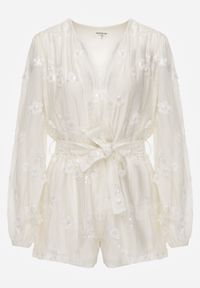 Renee - Beżowy Kombinezon z Tencelu z Kopertowym Dekoltem Cekinami i Kwiatami 3D Kairial. Okazja: na imprezę. Kolor: beżowy. Materiał: materiał, poliester. Wzór: kwiaty. Sezon: lato. Styl: elegancki #4