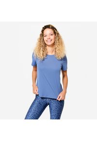DOMYOS - Koszulka fitness damska Domyos krótki rękaw. Kolor: niebieski. Materiał: materiał, elastan, poliester. Długość rękawa: krótki rękaw. Długość: krótkie. Sport: fitness