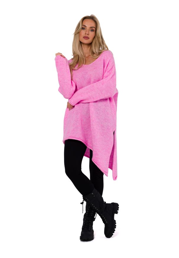 MOE - Asymetryczny Sweter Oversize - Różowy. Kolor: różowy. Materiał: wełna, poliester
