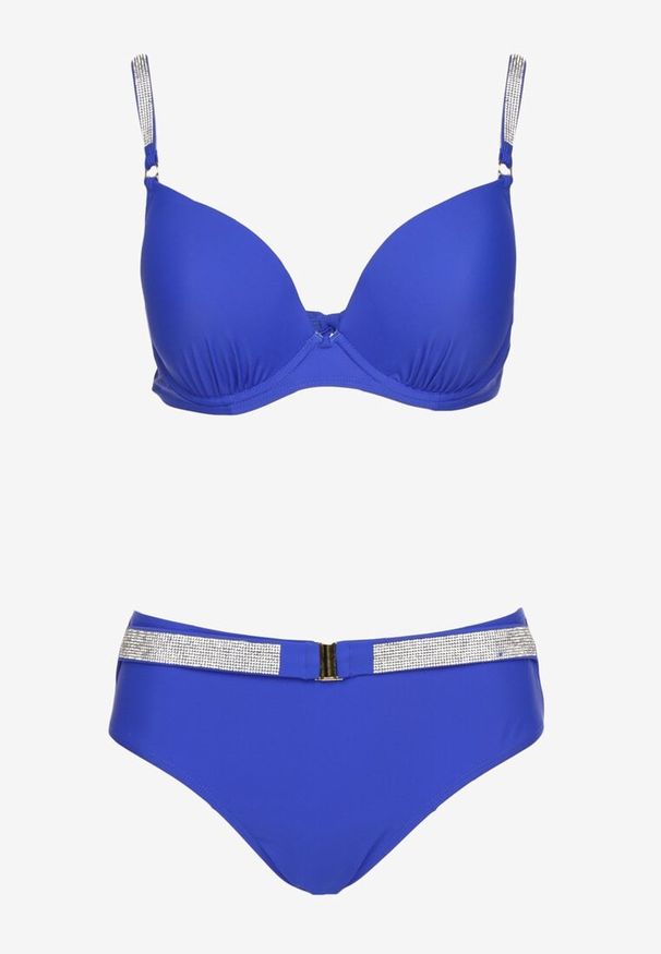 Born2be - Niebieskie Bikini Biustonosz z Cyrkoniami i Majtki Typu Figi Tesenna. Kolor: niebieski. Wzór: aplikacja