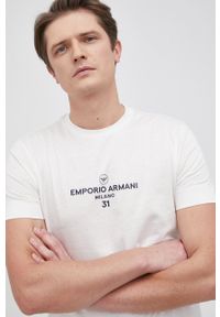 Emporio Armani - T-shirt bawełniany. Okazja: na co dzień. Kolor: biały. Materiał: bawełna. Wzór: nadruk. Styl: casual
