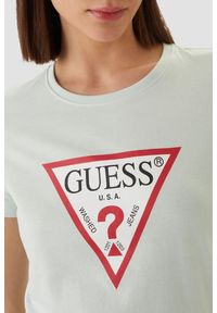 Guess - GUESS Miętowy bawełniany t-shirt damski na krótki rękaw Original, Rozmiar XS. Okazja: na co dzień. Kolor: zielony. Materiał: bawełna. Długość rękawa: krótki rękaw. Długość: krótkie. Styl: casual, klasyczny #3