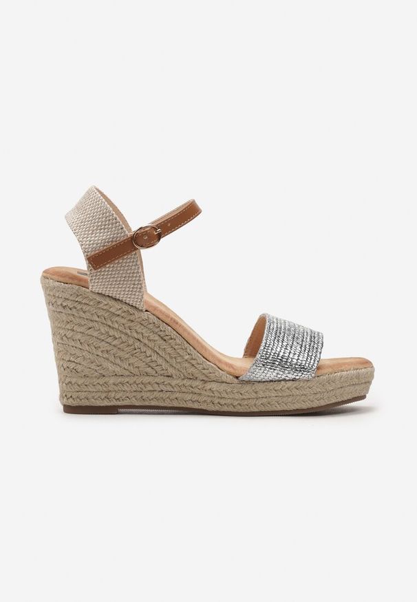 Born2be - Srebrne Sandały na Plecionym Koturnie z Zapięciem wokół Kostki Bilivia. Kolor: srebrny. Sezon: lato. Obcas: na koturnie. Styl: elegancki
