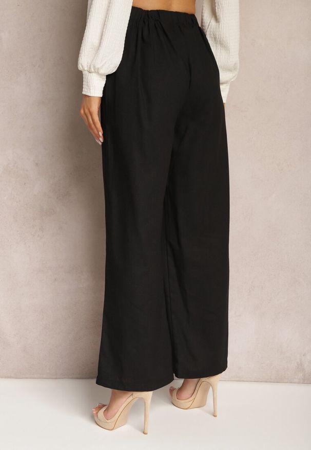 Renee - Czarne Szerokie Spodnie z Lnem z Gumką w Talii Airelttis. Kolor: czarny. Materiał: len. Sezon: lato. Styl: elegancki
