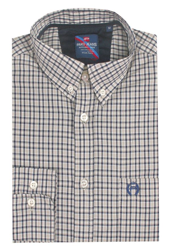 Koszula Weekendowa - Pako Jeans - Lekko Taliowana - Drobna, Beżowa Kratka. Okazja: na co dzień. Kolor: wielokolorowy, beżowy, brązowy. Materiał: bawełna. Wzór: kratka. Styl: casual