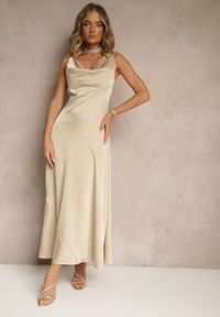 Renee - Beżowa Taliowana Sukienka Vices Wiązana przy Karku Zinvea. Okazja: na co dzień. Kolor: beżowy. Typ sukienki: proste. Styl: elegancki, casual #3