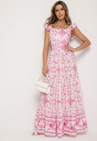 Born2be - Fuksjowa Sukienka w Ornamentny Wzór z Wycięciem Halionea. Okazja: na co dzień. Kolor: różowy. Sezon: lato. Styl: casual #6