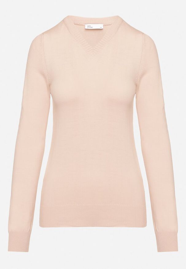 Born2be - Jasnoróżowy Klasyczny Sweter z Dekoltem w Szpic Felitha. Okazja: na co dzień, na spotkanie biznesowe, do pracy. Kolor: różowy. Materiał: jeans. Długość rękawa: długi rękaw. Długość: długie. Styl: klasyczny