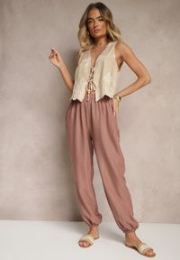 Renee - Brązowe Spodnie Joggery High Waist ze Ściągaczami Korilanea. Okazja: na co dzień. Stan: podwyższony. Kolor: brązowy. Styl: casual, elegancki #4