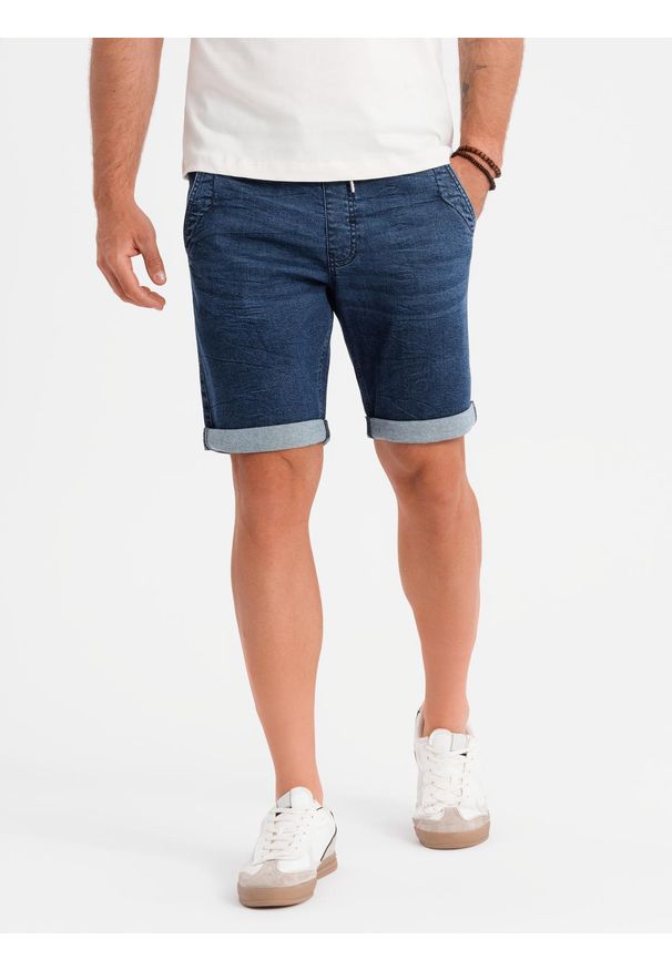 Ombre Clothing - Szorty jeansowe męskie z podwinięta nogawką - ciemnoniebieskie V2 - Rozmiar: XXL. Kolor: niebieski. Materiał: jeans. Sezon: lato. Styl: klasyczny, elegancki