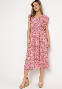 Born2be - Czerwona Sukienka Bawełniana z Gumką w Talii i Mozaikowym Wzorem Indaria. Kolor: czerwony. Materiał: bawełna #6
