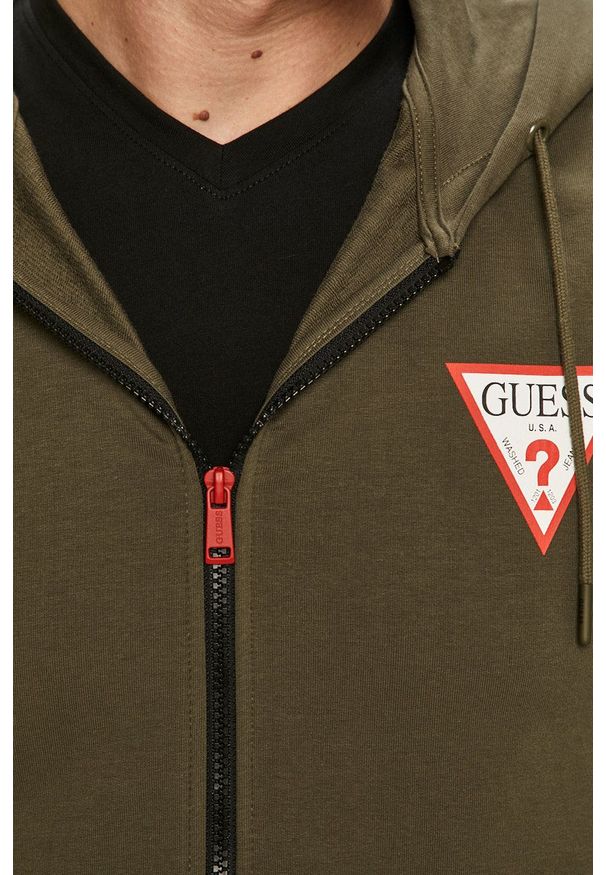Guess - Bluza. Okazja: na co dzień. Typ kołnierza: kaptur. Kolor: zielony. Wzór: aplikacja. Styl: casual
