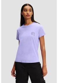 Karl Lagerfeld - KARL LAGERFELD Lawendowy damski t-shirt Ikonik 2.0 Jelly, Rozmiar S. Kolor: fioletowy. Materiał: bawełna. Długość rękawa: krótki rękaw. Długość: krótkie. Styl: klasyczny