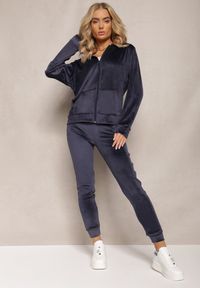 Renee - Granatowy Welurowy Komplet Dresowy Bluza z Kapturem i Proste Spodnie Arislo. Kolor: niebieski. Materiał: welur, dresówka #5