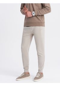 Ombre Clothing - Spodnie męskie dresowe typu jogger - jasnobeżowe V1 OM-PABS-0173 - XXL. Okazja: na co dzień. Kolor: beżowy. Materiał: dresówka. Wzór: aplikacja. Styl: casual #4