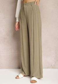 Renee - Ciemnozielone Szerokie Spodnie High Waist z Lnu i Wiskozy Apoises. Okazja: na co dzień. Stan: podwyższony. Kolor: zielony. Materiał: len, wiskoza. Długość: długie. Sezon: lato. Styl: elegancki, casual #7