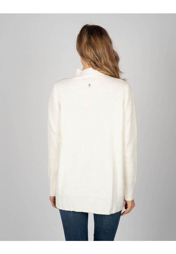 Trussardi Jeans Sweter | 56M00149 0F000210 | Kobieta | Beżowy. Okazja: na co dzień. Typ kołnierza: kołnierzyk stójkowy. Kolor: beżowy. Materiał: wełna, akryl, nylon, elastan. Długość rękawa: długi rękaw. Długość: długie. Styl: casual