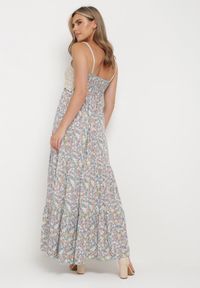 Born2be - Niebiesko-Zielona Rozkloszowana Sukienka Maxi z Wiskozy w Kwiatowy Print i z Szydełkowym Wzorem Adviana. Kolor: niebieski. Materiał: wiskoza. Długość rękawa: na ramiączkach. Wzór: kwiaty, nadruk. Długość: maxi #2