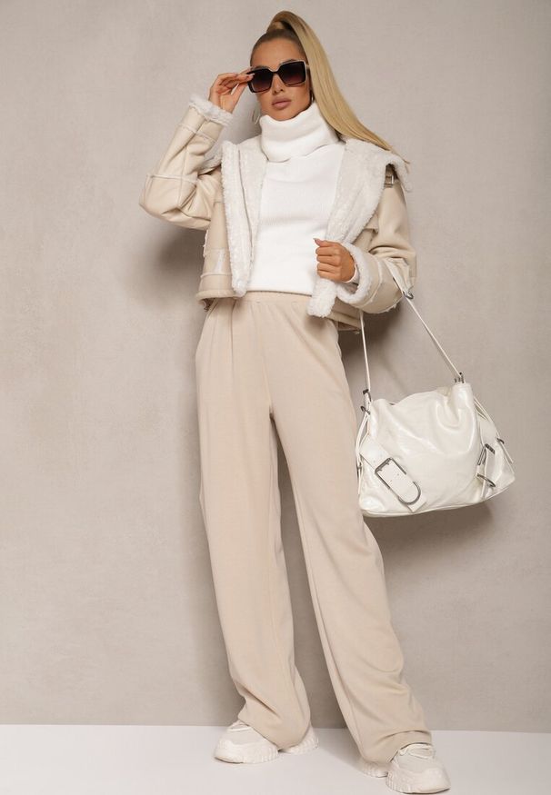 Renee - Beżowe Spodnie o Szerokim Kroju High Waist z Gumką w Pasie Belobira. Okazja: na co dzień. Stan: podwyższony. Kolor: beżowy. Długość: długie. Styl: wizytowy, casual, elegancki