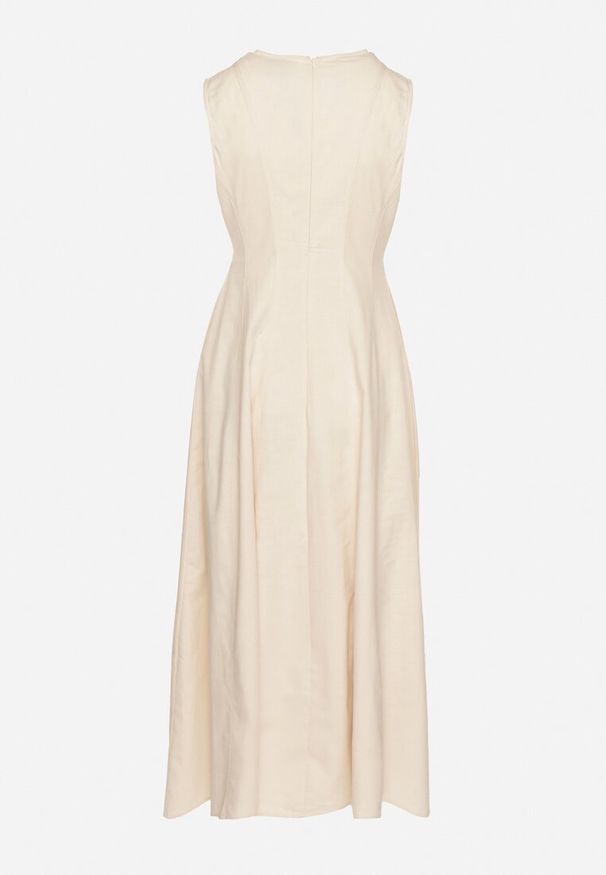 Born2be - Jasnobeżowa Rozkloszowana Sukienka z Bawełną i Wiskozą Ozdobiona Rozcięciem na Nogę Devirael. Okazja: na spacer, na imprezę, na co dzień. Kolor: beżowy. Materiał: bawełna, wiskoza. Wzór: aplikacja. Styl: casual