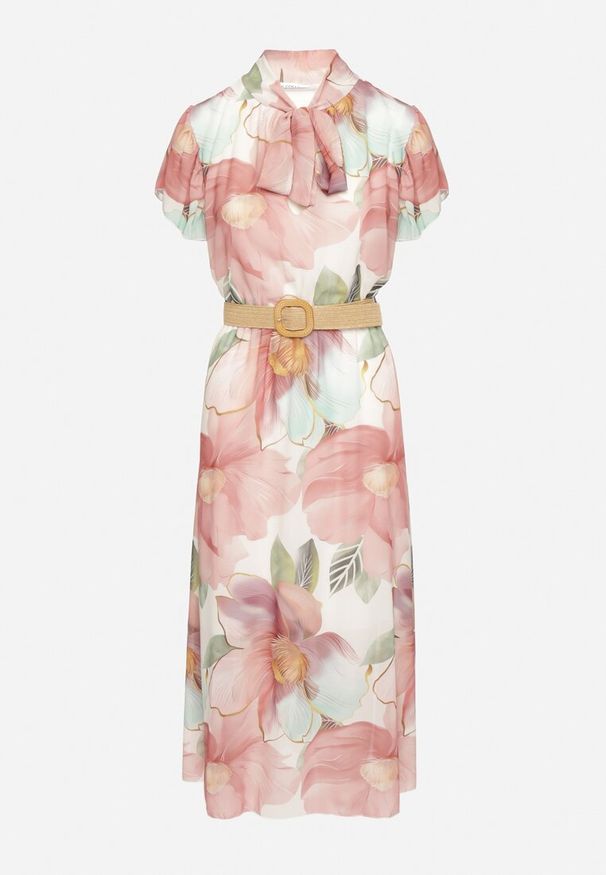 Born2be - Różowa Sukienka o Rozkloszowanym Kroju z Wiązaniem przy Dekolcie i Paskiem Sorilina. Okazja: na co dzień. Kolor: różowy. Długość rękawa: krótki rękaw. Wzór: kwiaty. Styl: casual, elegancki