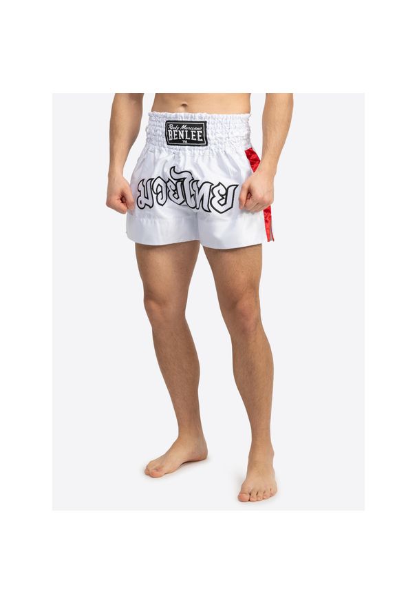 Spodenki do boksu tajskiego Benlee Goldy. Kolor: wielokolorowy, biały, zielony. Sport: fitness