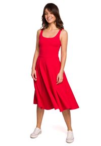 MOE - Bawełniana Rozkloszowana Sukienka na Ramiączkach - Czerwona. Kolor: czerwony. Materiał: bawełna. Długość rękawa: na ramiączkach