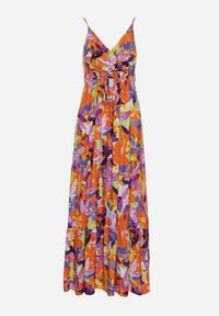 Born2be - Pomarańczowo-Fioletowa Wiskozowa Sukienka na Ramiączkach z Kopertowym Dekoltem i Gumką w Talii z Tiamalen. Okazja: na imprezę, na co dzień. Typ kołnierza: dekolt kopertowy. Kolor: pomarańczowy. Materiał: wiskoza. Długość rękawa: na ramiączkach. Wzór: aplikacja. Typ sukienki: kopertowe. Styl: wizytowy, casual, klasyczny, elegancki #2