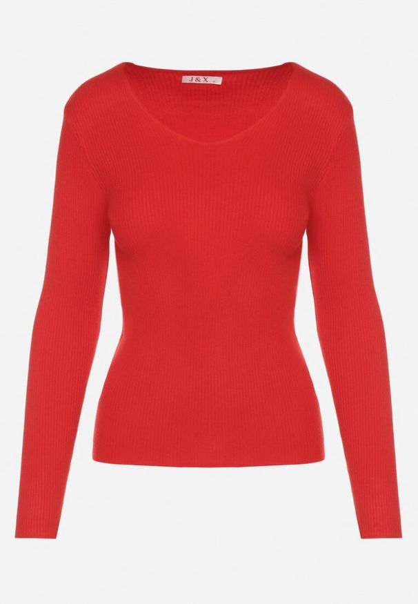 Born2be - Czerwony Dopasowany Sweter z Prążkowanej Dzianiny z Bawełną z Dekoltem w Serek Tesma. Okazja: na co dzień. Typ kołnierza: dekolt w serek. Kolor: czerwony. Materiał: prążkowany, dzianina, bawełna. Długość rękawa: długi rękaw. Długość: długie. Styl: casual, elegancki
