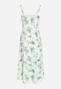 Born2be - Biało-Zielona Taliowana Sukienka w Kwiaty Ozdobiona Wiązaniem Firavire. Okazja: na co dzień. Kolor: zielony. Wzór: aplikacja, kwiaty. Sezon: wiosna, lato. Typ sukienki: sportowe. Styl: casual, sportowy #4