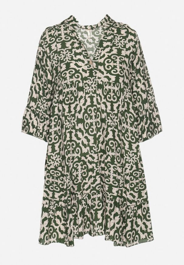 Born2be - Zielona Sukienka Rozkloszowana z Bawełny w Etniczny Wzór Zalista. Okazja: na co dzień. Kolor: zielony. Materiał: bawełna. Typ sukienki: rozkloszowane. Styl: boho, casual