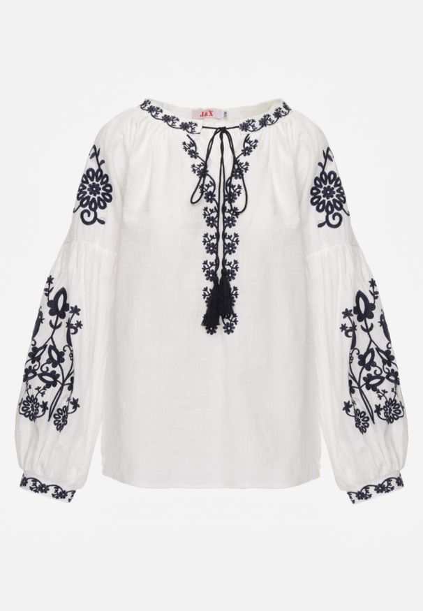 Renee - Biała Rustykalna Bluzka z Bawełny Zdobiona Haftem i Sznurkiem z Chwostami Marytea. Okazja: na co dzień. Kolor: biały. Materiał: bawełna. Długość: długie. Wzór: haft, aplikacja. Styl: casual, klasyczny