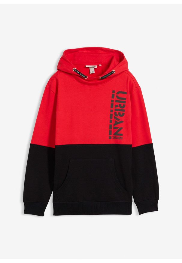 bonprix - Bluza z kapturem z czystej bawełny organicznej. Typ kołnierza: kaptur. Kolor: czerwony. Materiał: bawełna. Wzór: nadruk, napisy