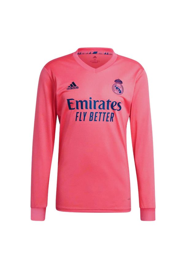 Koszulka treningowa męska Adidas Real Madrid z długim rękawem. Kolor: różowy. Materiał: poliester. Długość rękawa: długi rękaw. Długość: długie