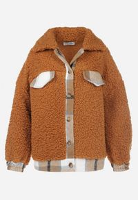 Born2be - Brązowa Kurtka Pluszowa Teddy Oversize Veshe. Kolor: brązowy. Materiał: tkanina, futro, materiał #3