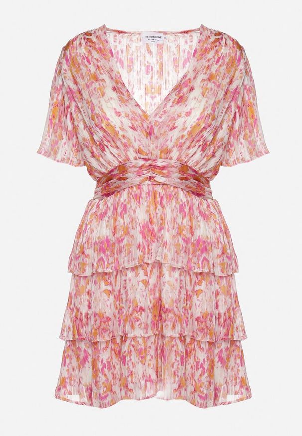 Born2be - Różowa Sukienka z Gumką w Pasie i Dekoltem w Serek z Falbankami Zdobiona Metaliczną Nicią Wralea. Typ kołnierza: dekolt w serek, kołnierz z falbankami. Kolor: różowy. Długość rękawa: krótki rękaw. Wzór: aplikacja