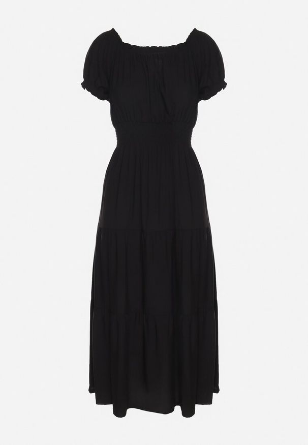 Born2be - Czarna Sukienka o Rozkloszowanym Kroju z Dekoltem Typu Łódka Miranea. Okazja: na co dzień. Kolor: czarny. Materiał: jeans. Typ sukienki: proste, rozkloszowane. Styl: casual, klasyczny