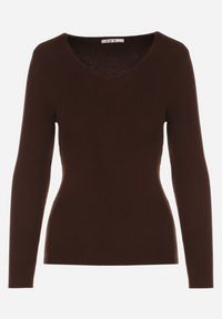 Born2be - Brązowy Dopasowany Sweter z Prążkowanej Dzianiny z Bawełną z Dekoltem w Serek Tesma. Okazja: na co dzień. Typ kołnierza: dekolt w serek. Kolor: brązowy. Materiał: dzianina, bawełna, prążkowany. Długość rękawa: długi rękaw. Długość: długie. Styl: casual, elegancki #5
